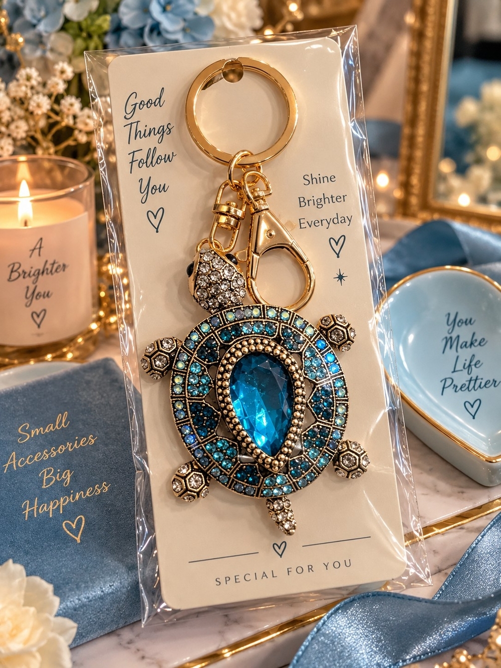 Gold-Tone Blue Crystal Turtle Keychain by